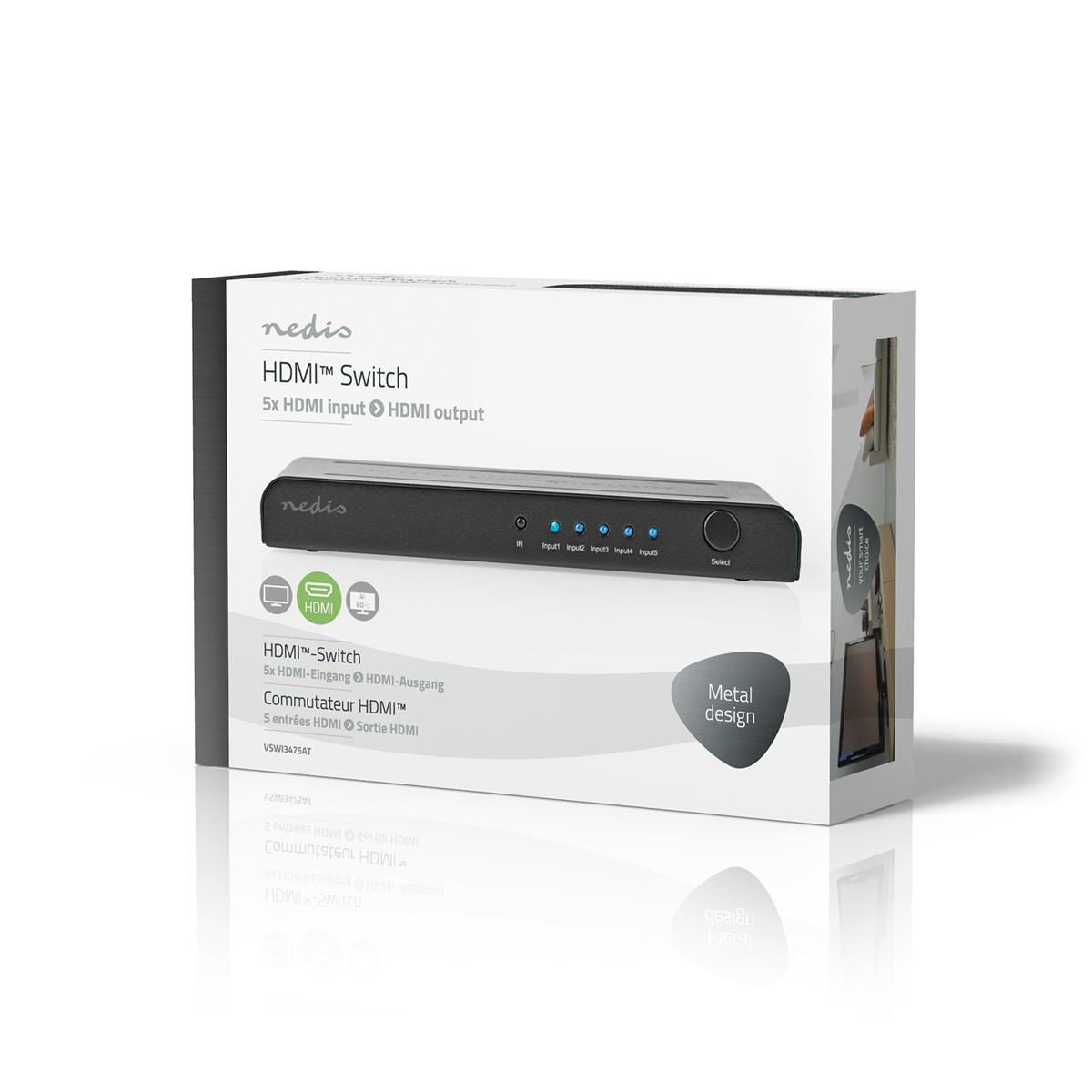 Nedis HDMI Switch 5-Port to 5x HDMI Input 1x HDMI Output 4K2K@60FPS/HDCP2.2 - VSWI3475AT