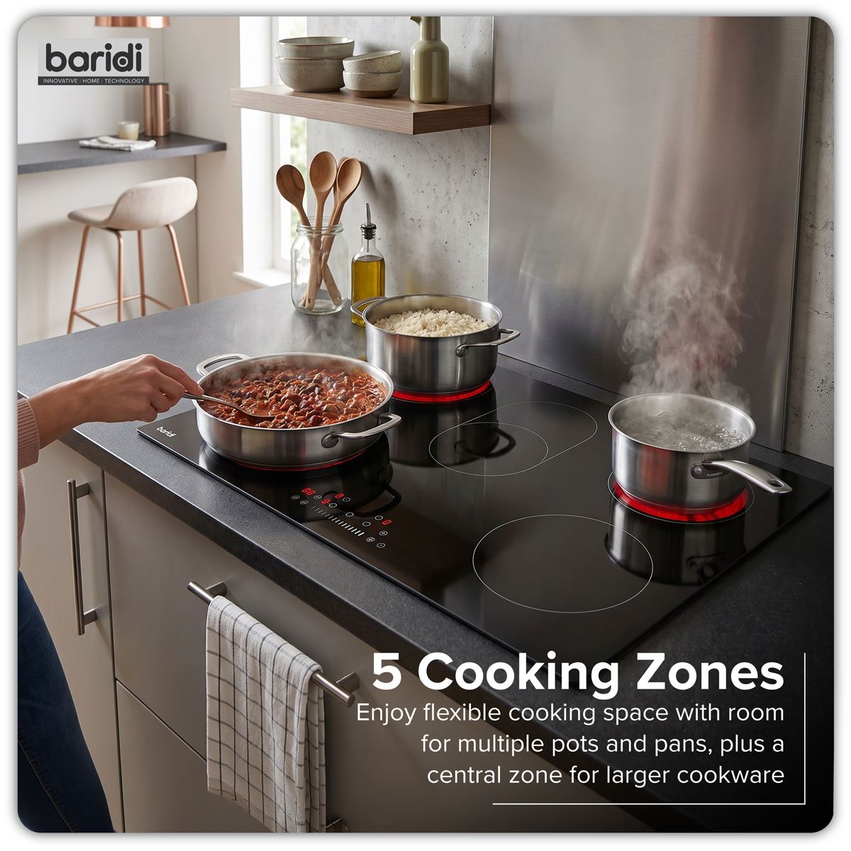 Baridi Integrated Ceramic Hob with 5 Cooking Zones 90cm - Black Glass DH389
