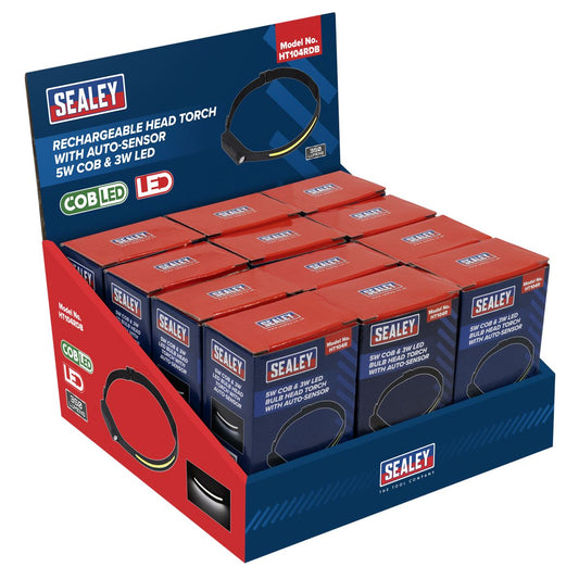 Sealey Rechargeable Head Torch w/ Auto-Sensor 5W COB & 3W LED, Display Box of 12