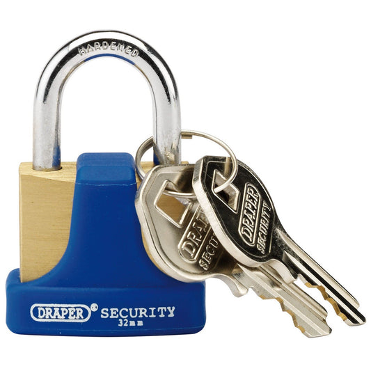 Draper 1x 32mm Solid Brass Padlock & 2 Keys with Hardened Steel Shackle & Bumper - 64164