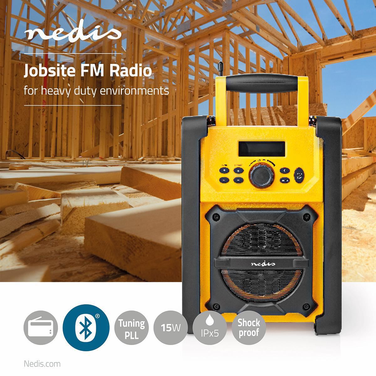 Nedis Jobsite FM Radio 15W Bluetooth® IPX5 Carrying Handle Yellow/Black - RDFM3100YW