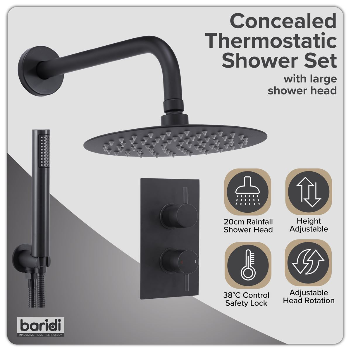 Baridi Concealed Thermostatic Shower Set, 20cm Round Head & Hand Shower - Black
