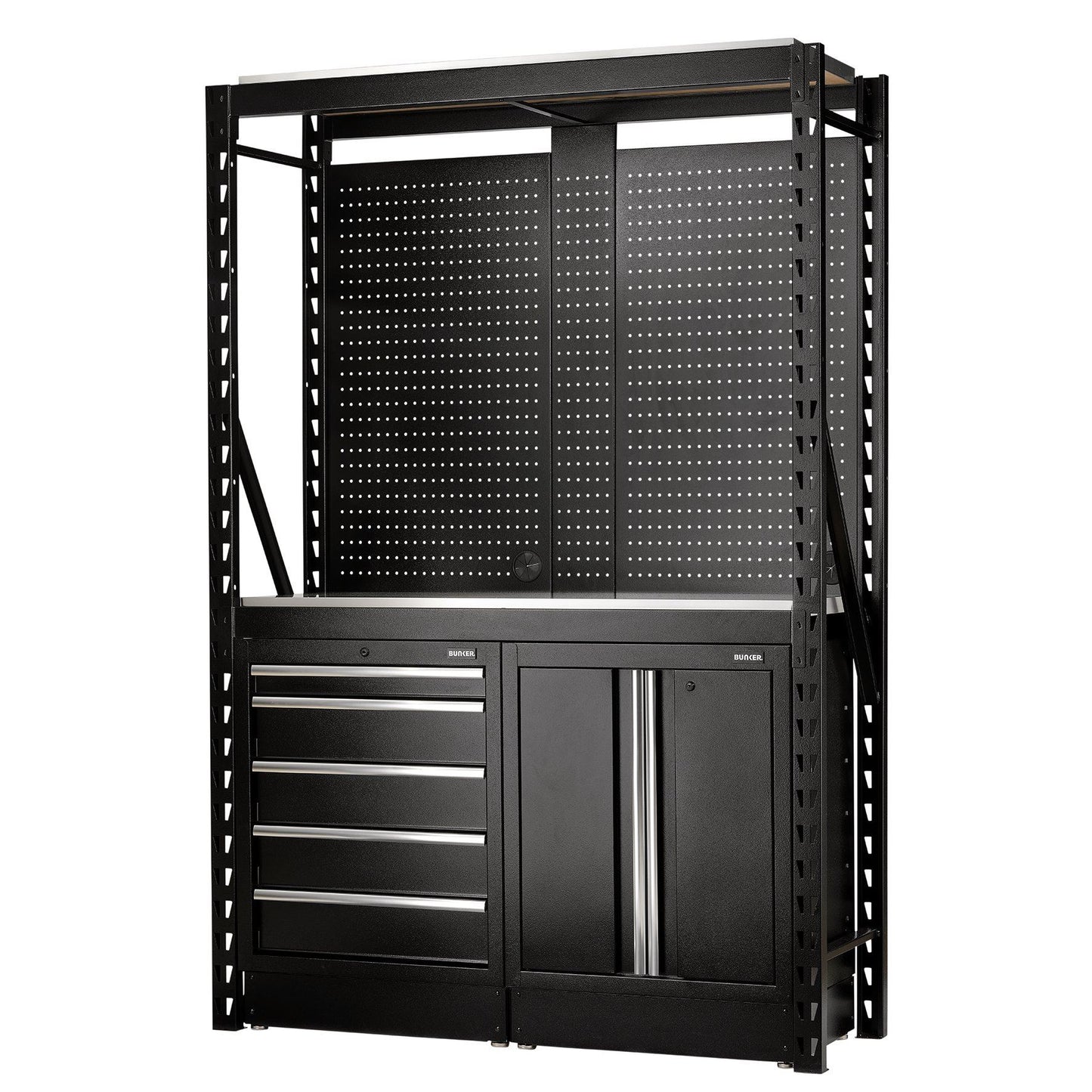 Draper BUNKER 15 Piece Modular Storage Combo 2 Tier Racking with Stainless Steel Shelving, Pegboards and Floor Cabinets, 1500mm