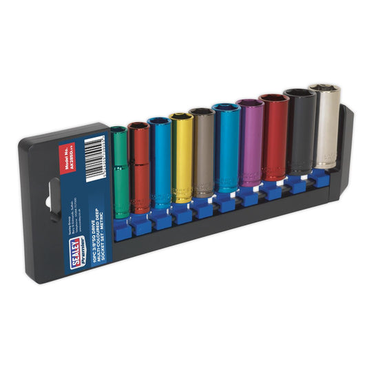 Sealey Multi-Colour Socket Set 10pc 3/8 Sq Dr 6pt Deep WallDrive MM AK285D