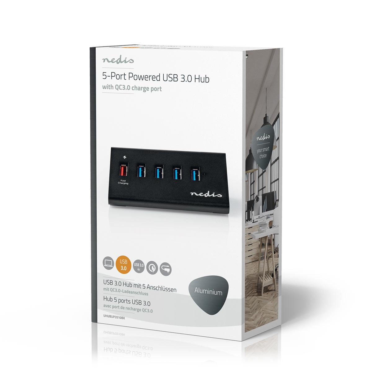 Nedis USB Hub 5-Port USB 3.0 Powered QC3.0 Charge Port 5 Gbps Aluminium - UHUBUP3510BK