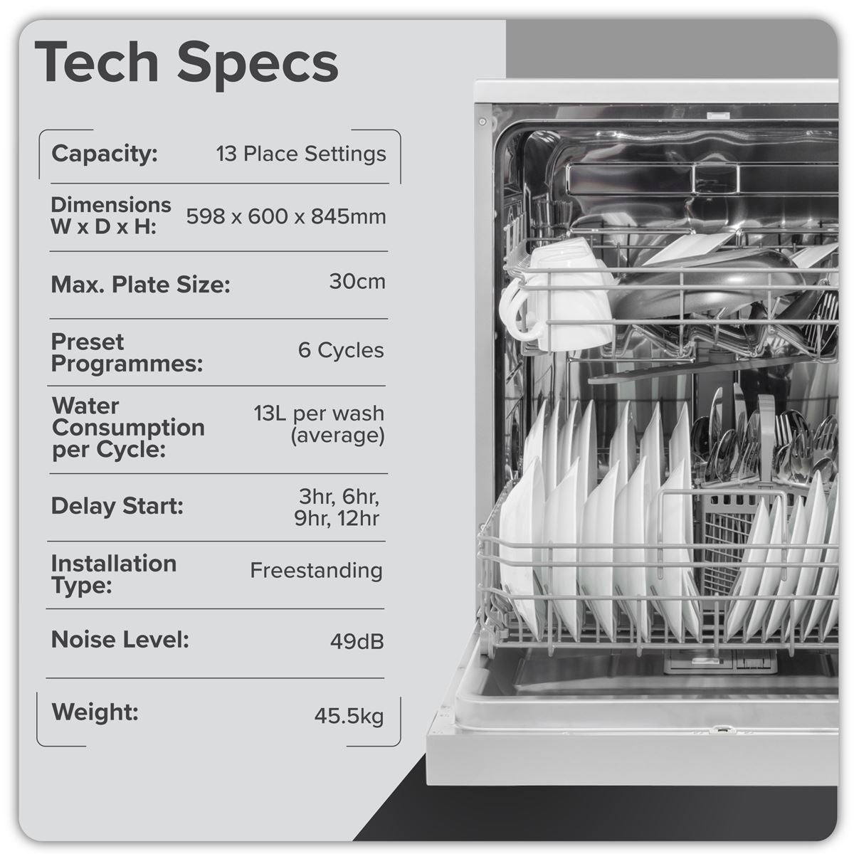 Baridi Freestanding Dishwasher 60cm Wide 13 Place Settings - Silver DH280