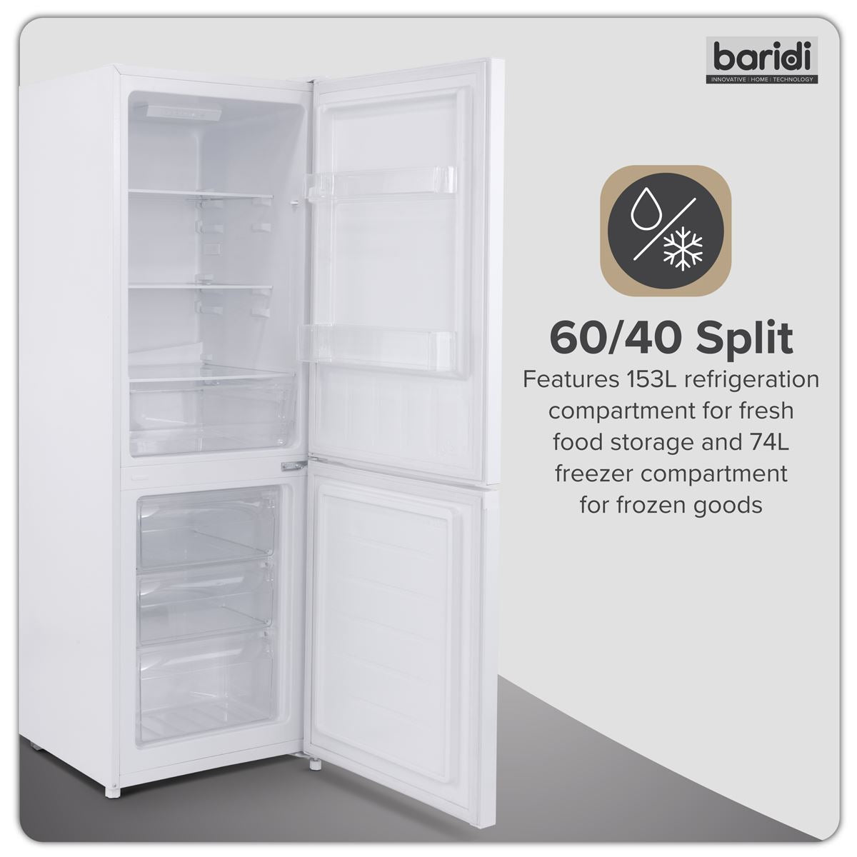 Baridi  60/40 Smart Frost Fridge Freezer 227L Capacity � White DH326