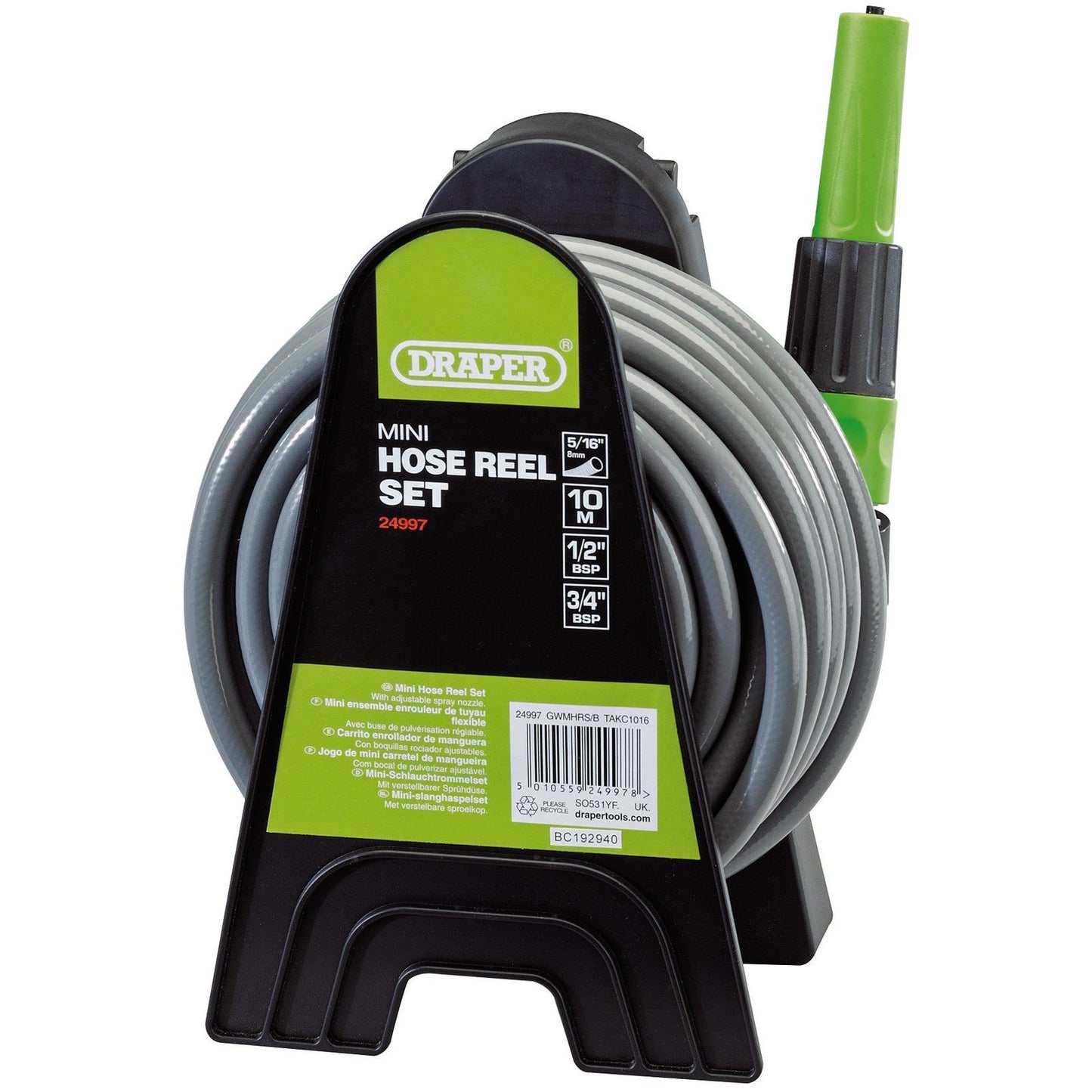 Draper Mini Garden/Patio Watering Hose Reel Set with Spray Gun (10M) - 24997