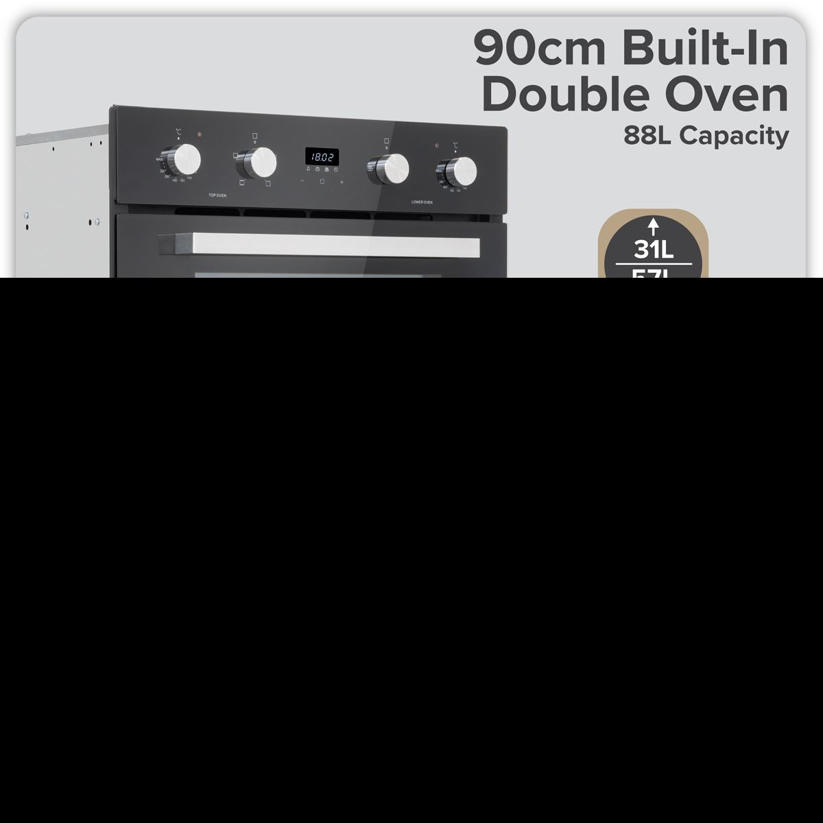 Baridi 90cm Built-In Double Oven, 88L Capacity, Energy Rating A - Black DH279