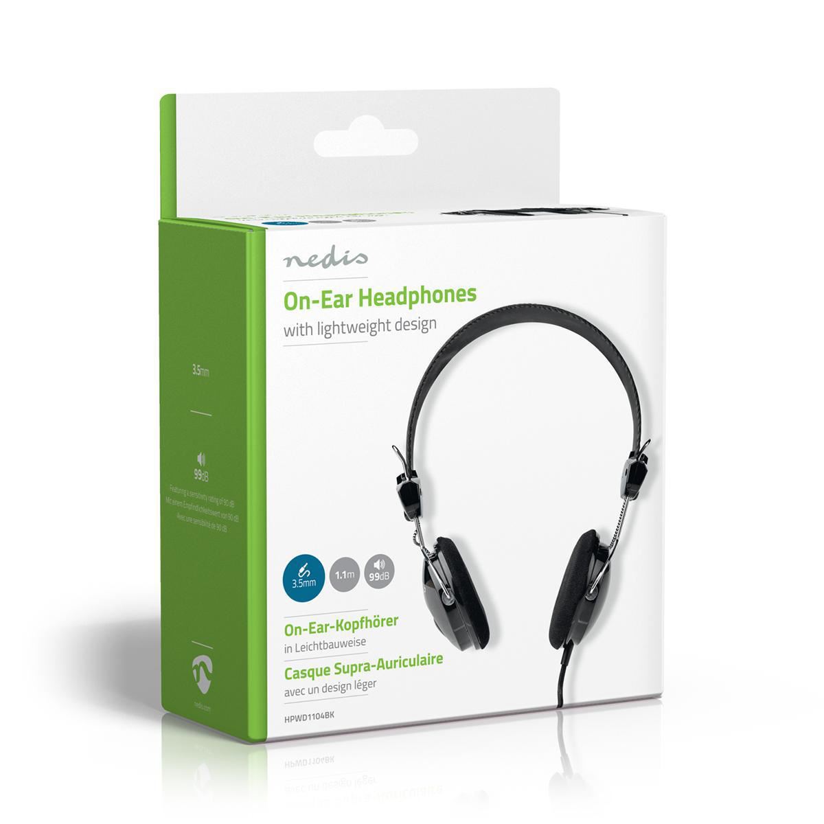 Nedis Wired Headphones 1.1m Round Cable On-Ear Lightweight Black - HPWD1104BK