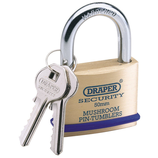 Draper 1x 50mm Solid Brass Padlock & 2 Keys with Mushroom Pin Tumblers Work Tool - 64162
