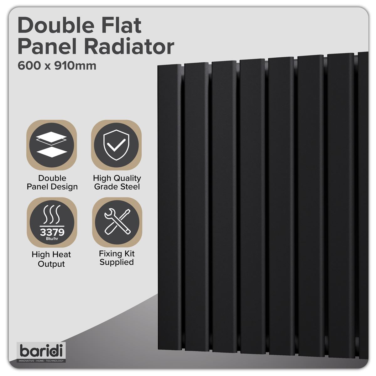 Baridi Horizontal Radiator Contemporary Double Flat Panel Design 600 x 910mm