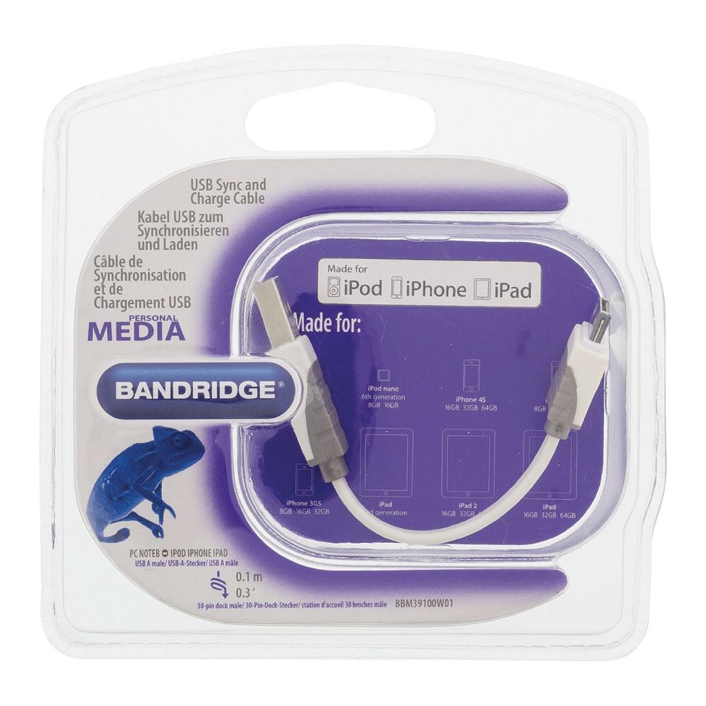 Bandridge USB sync and charge cable USBA male to 30-pin Apple dock 0.10m white - BBM39100W01