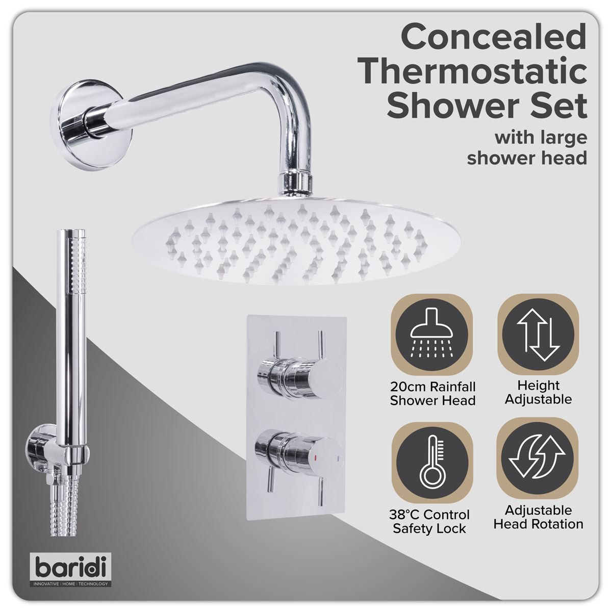 Baridi Concealed Thermostatic Shower Set 20cm Round Head & Hand Shower - Chrome DH318