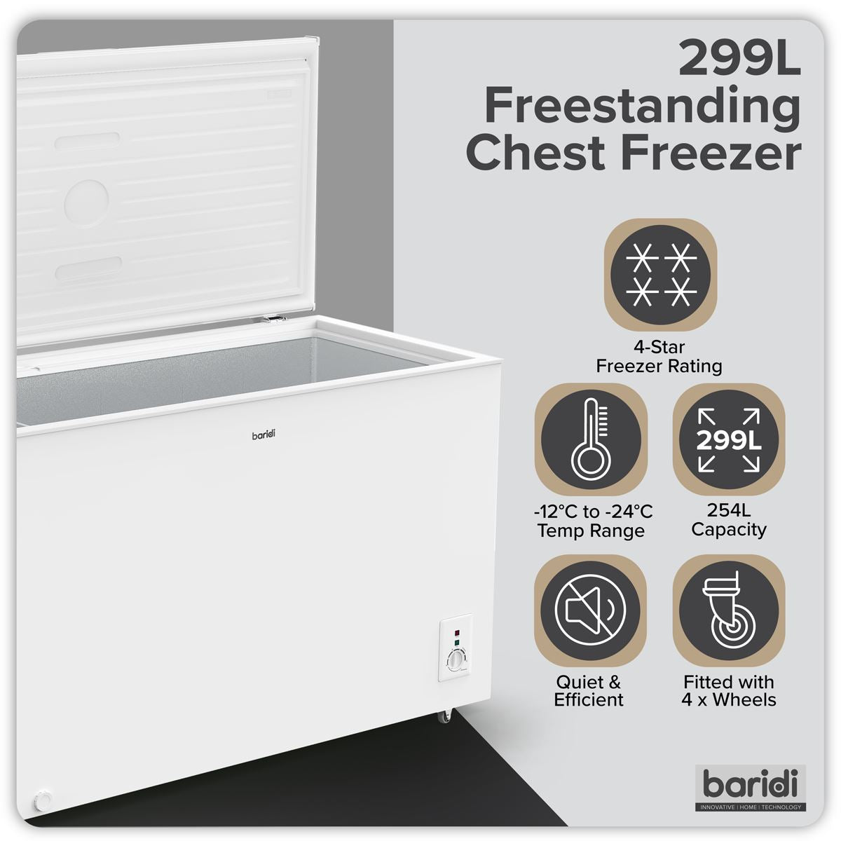 Baridi Freestanding Chest Freezer 299L Capacity - White DH260