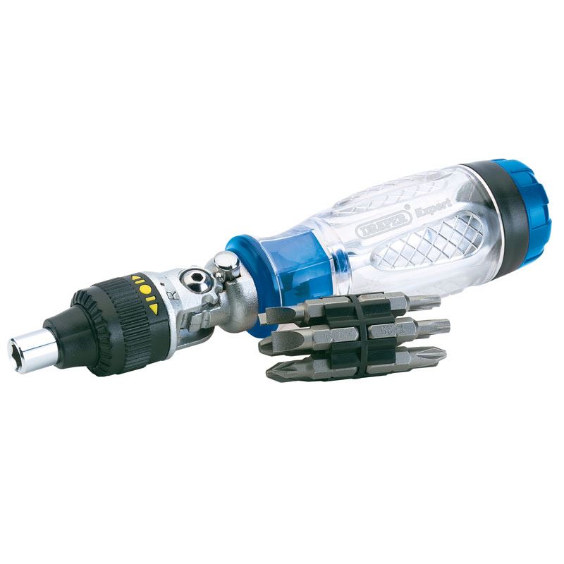 Draper 180° Swivel Jointed Ratchet Screwdriver and 13-Piece Bit Set 40855 Sealed