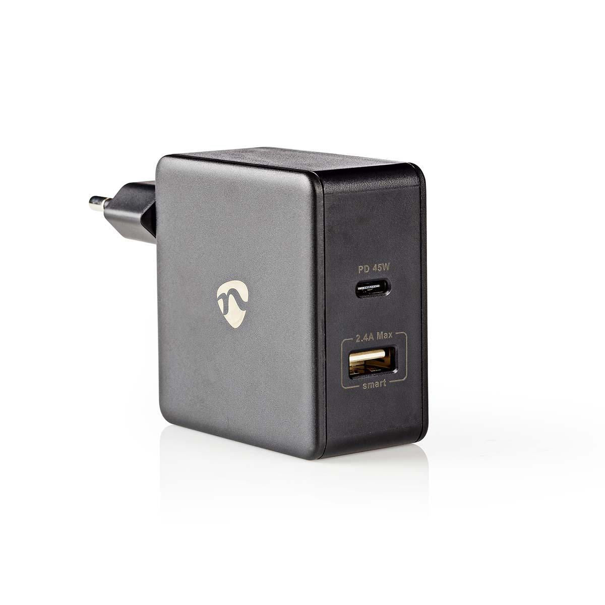 Nedis Wall Charger 3.0A USB/USB-C Power Delivery 45W Black WCPD45W100BK