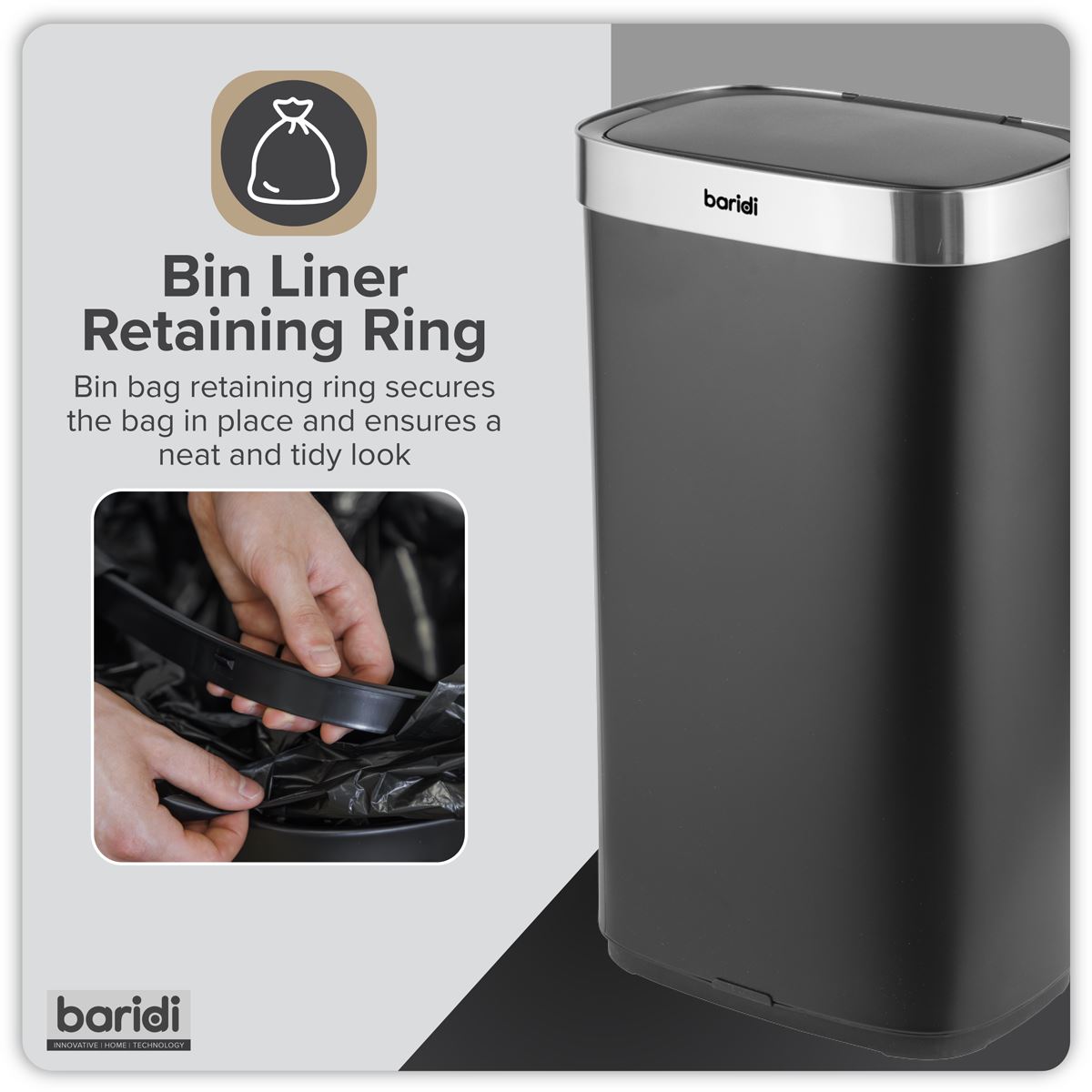 Baridi Sensor Bin 80L - Black/Stainless Steel DH283