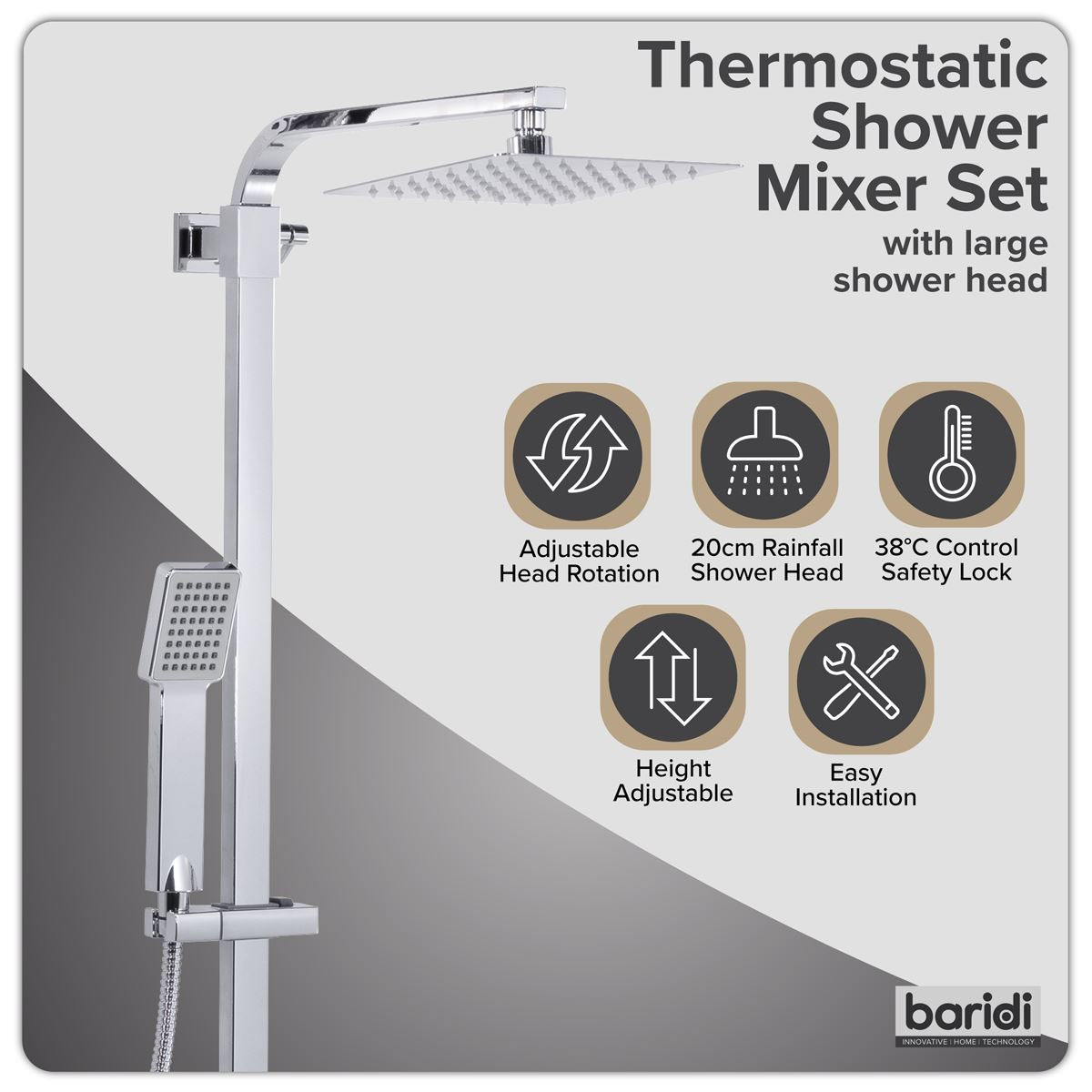 Baridi Thermostatic Shower Mixer Set, 20x20cm Square Head, Adjustable Rail - Chrome DH316