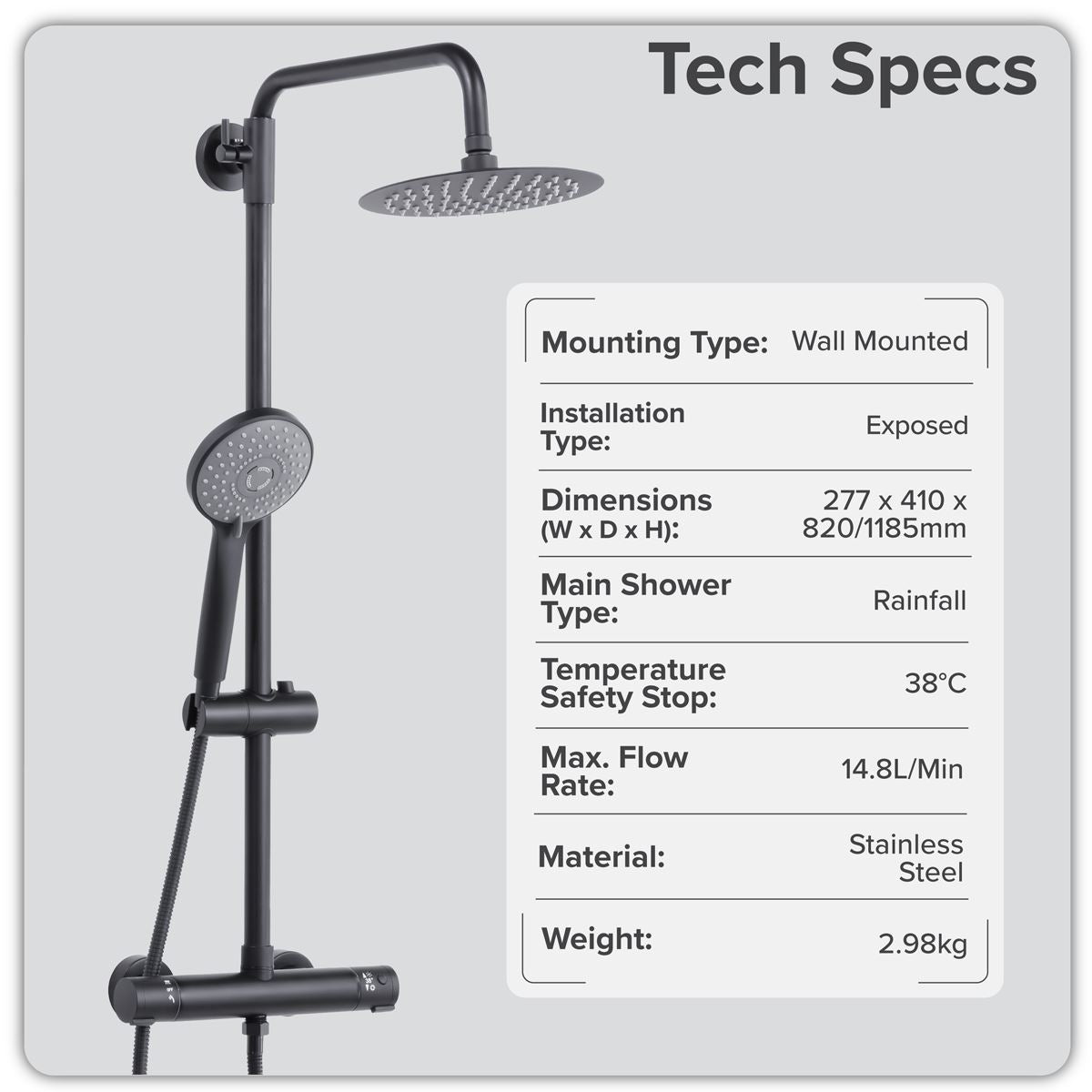 Baridi Thermostatic Shower Mixer Set, 20cm Round Head, Adjustable Rail - Black