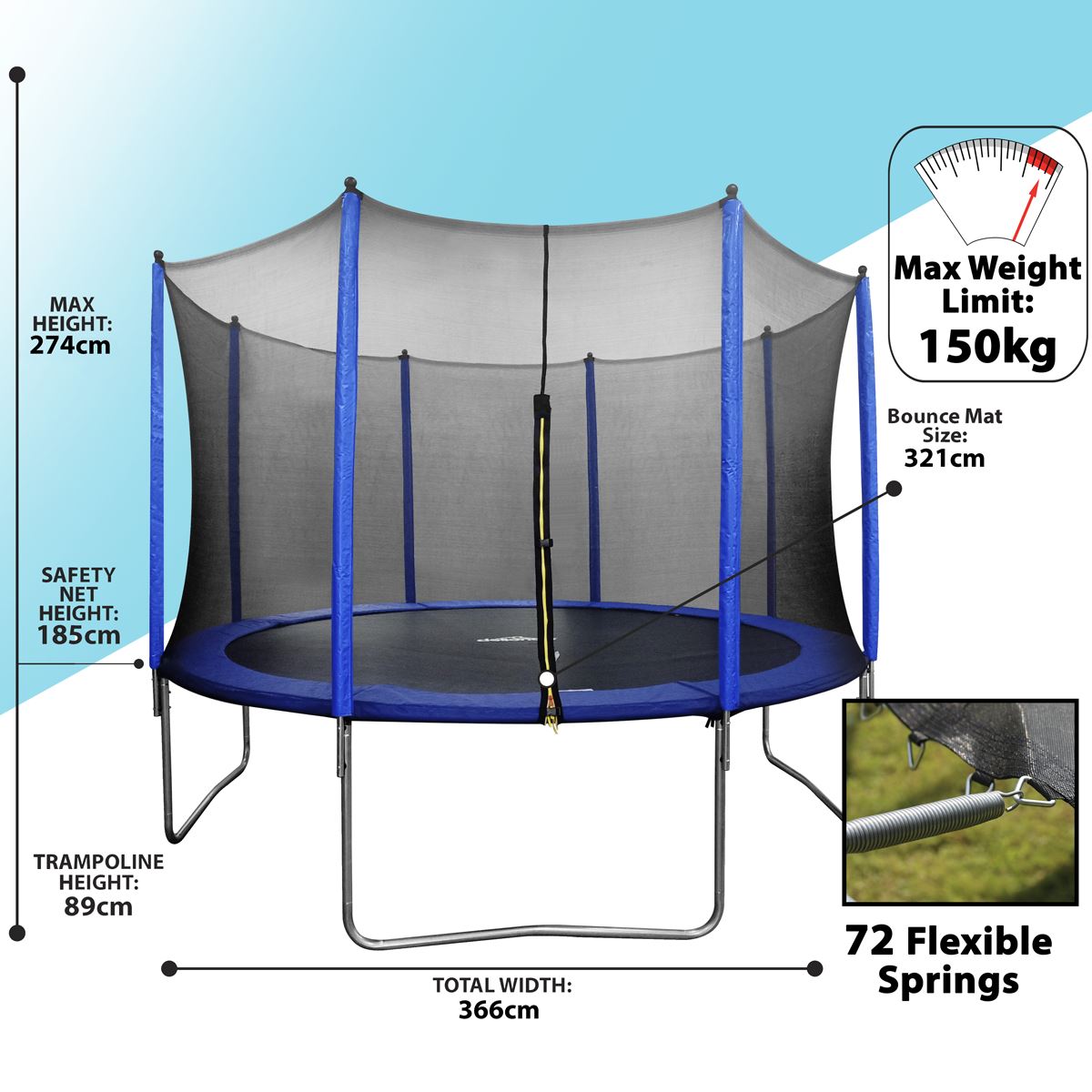 Dellonda 12ft Heavy-Duty Outdoor Trampoline with Safety Enclosure Net DL69