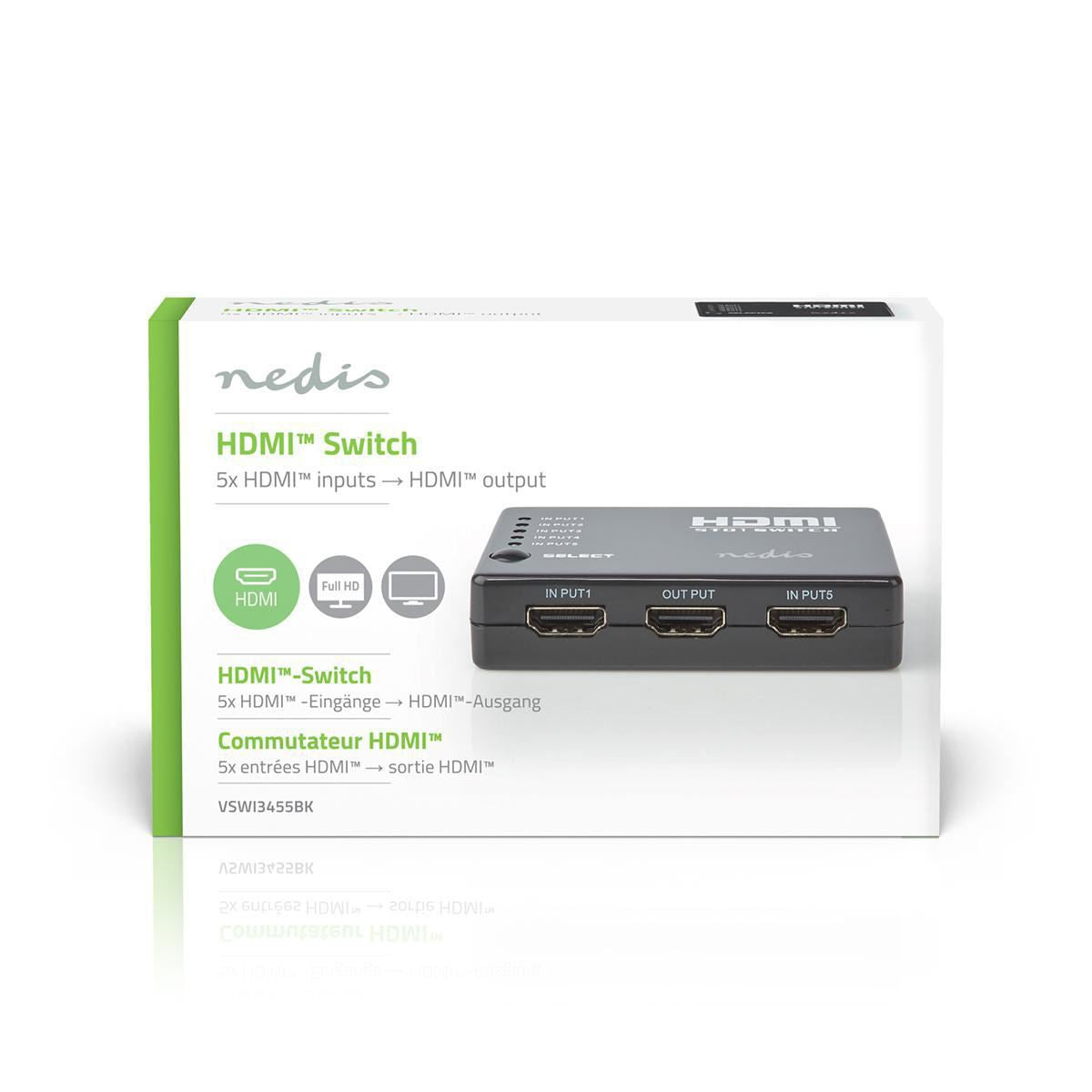 Nedis HDMI Switch 5-Port 4x HDMI Input 1x HDMI Output 1080p 3.4 Gbps Black - VSWI3455BK