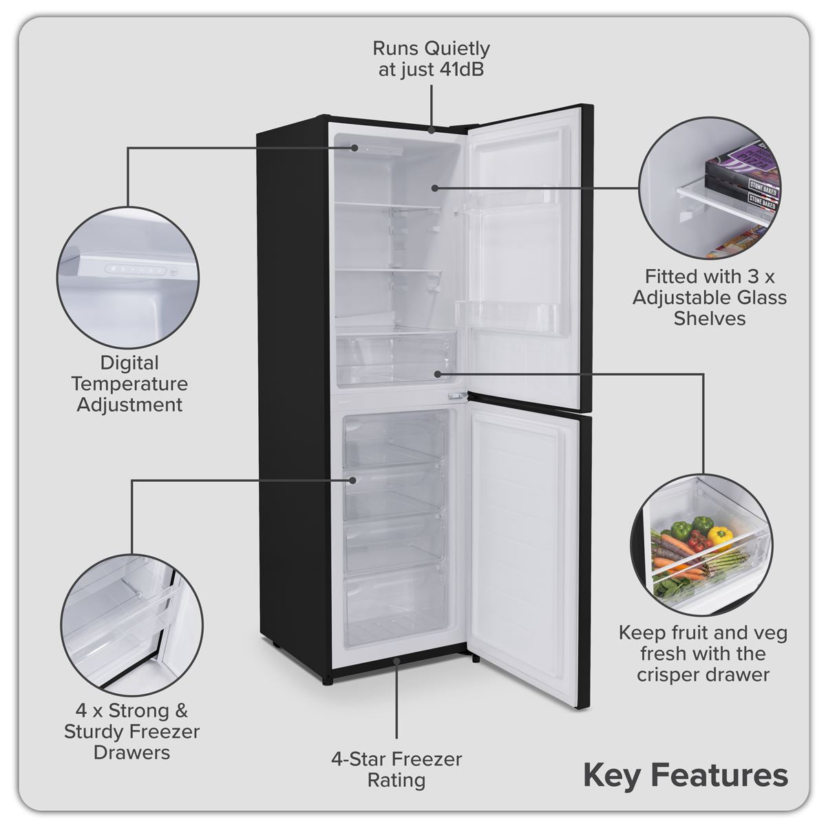Baridi 50/50 Smart Frost Fridge Freezer 254L Capacity � Black DH329