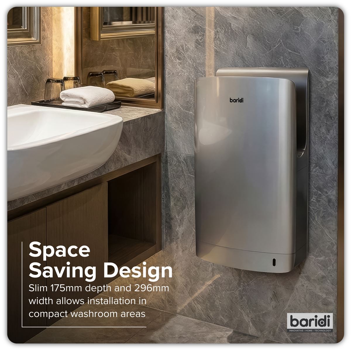 Baridi Hand Dryer with HEPA Filter & Auto-Sensor 1750W/230V - Silver DH150