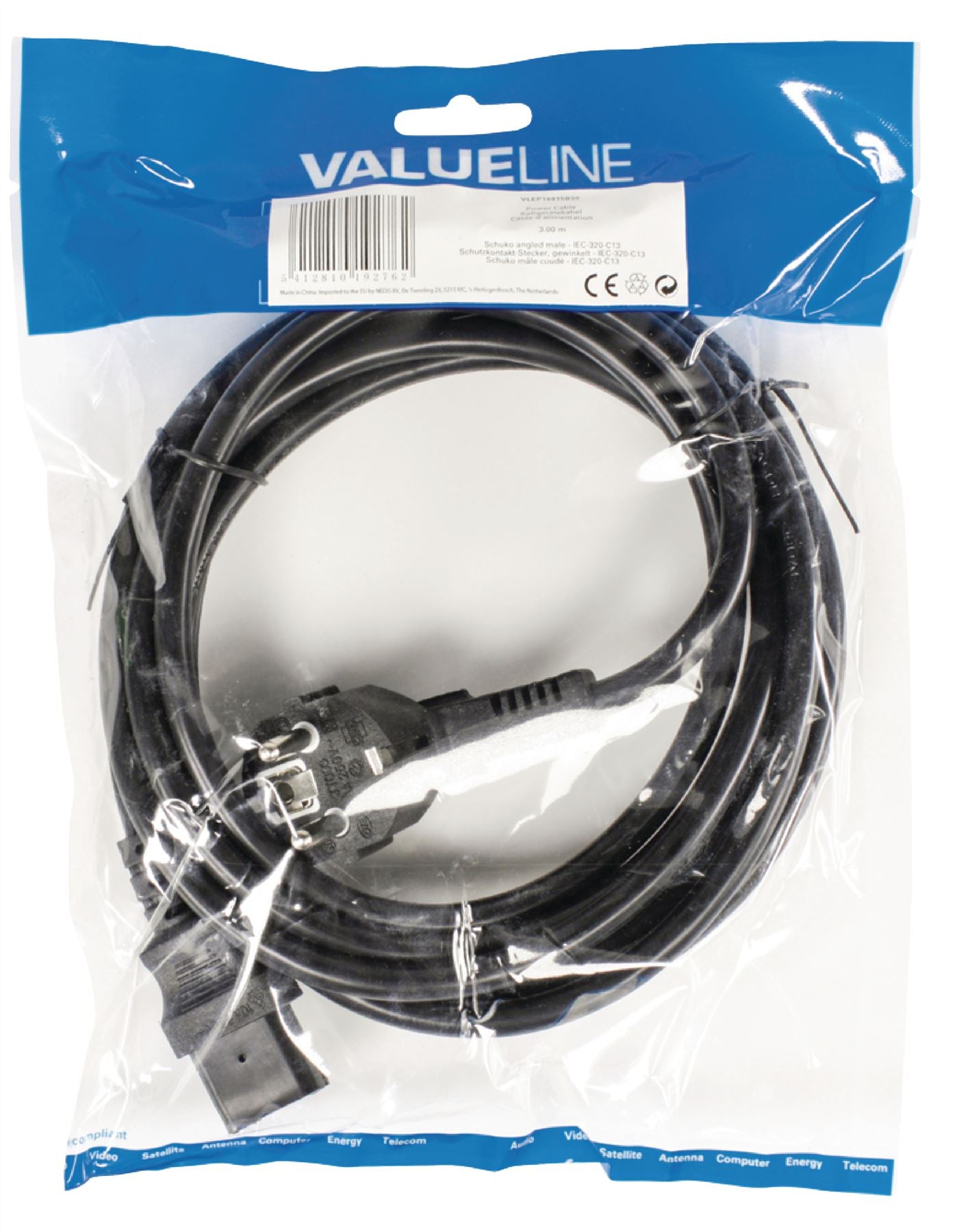 Valueline Power cable Schuko angled male to IEC-320-C13 3m black