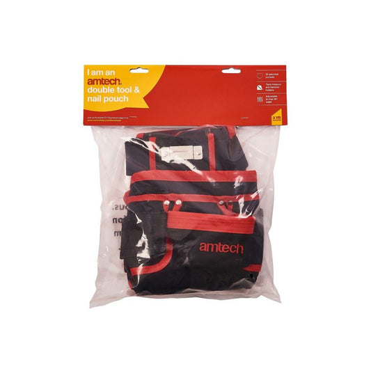 Amtech Double Tool Belt & Nail Pouch 20 Pockets+Tape Measure & 2 Hammers Holder - N0980