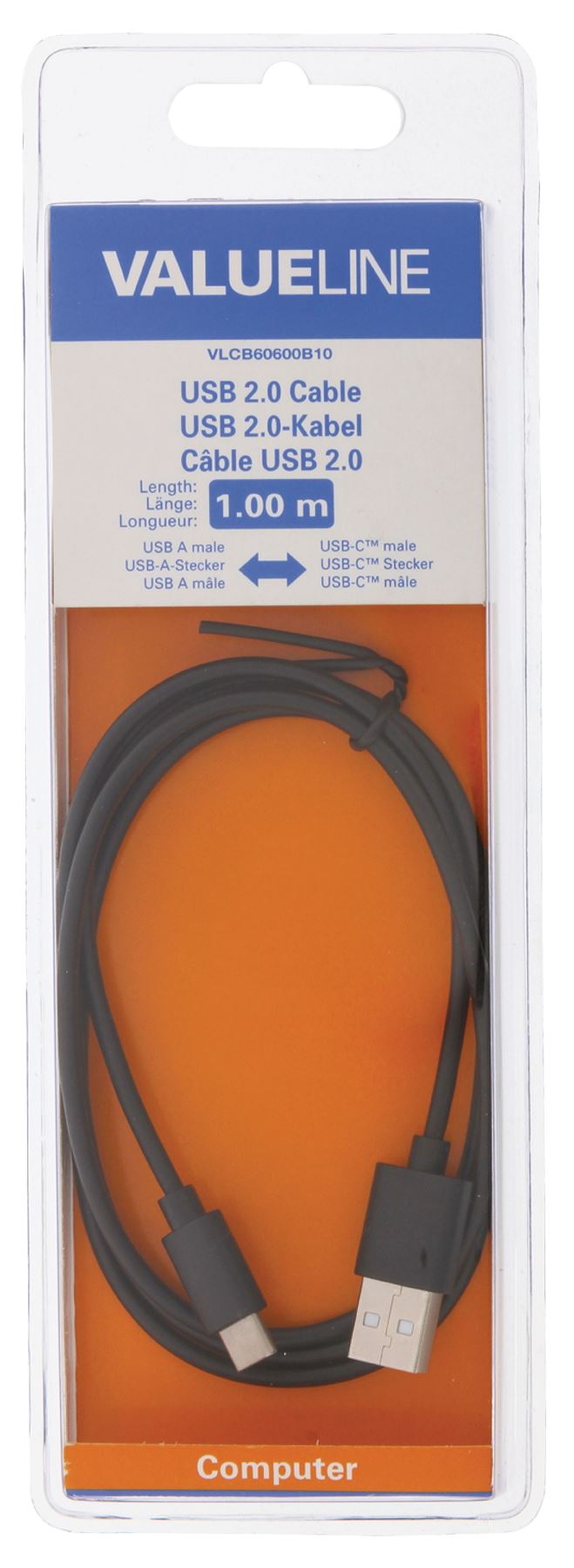 Valueline USB 2.0 Cable USB-C Male to A Male 1m Black