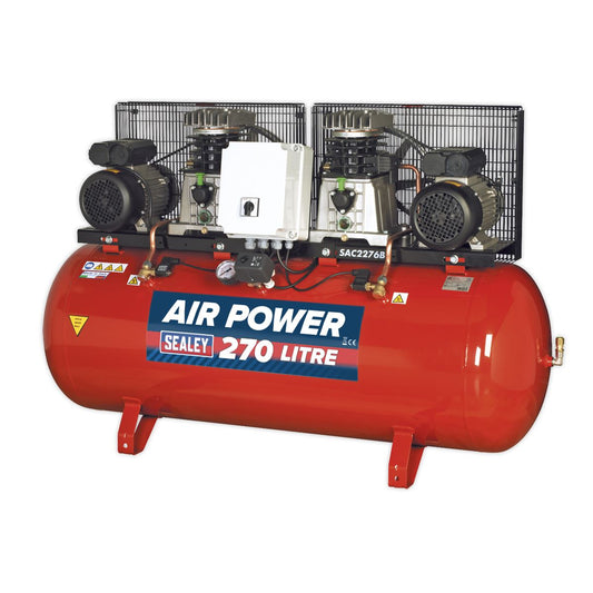 Sealey Air Compressor 270L Belt Drive 2 x 3hp with Cast Cylinders SAC2276B