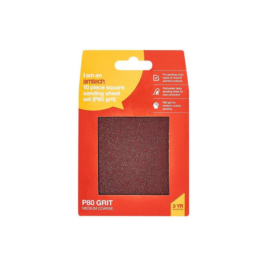 Punched Hook & Loop Sanding Square Sheet Multi Surface 110mm Pack Of 10 P80 Grit