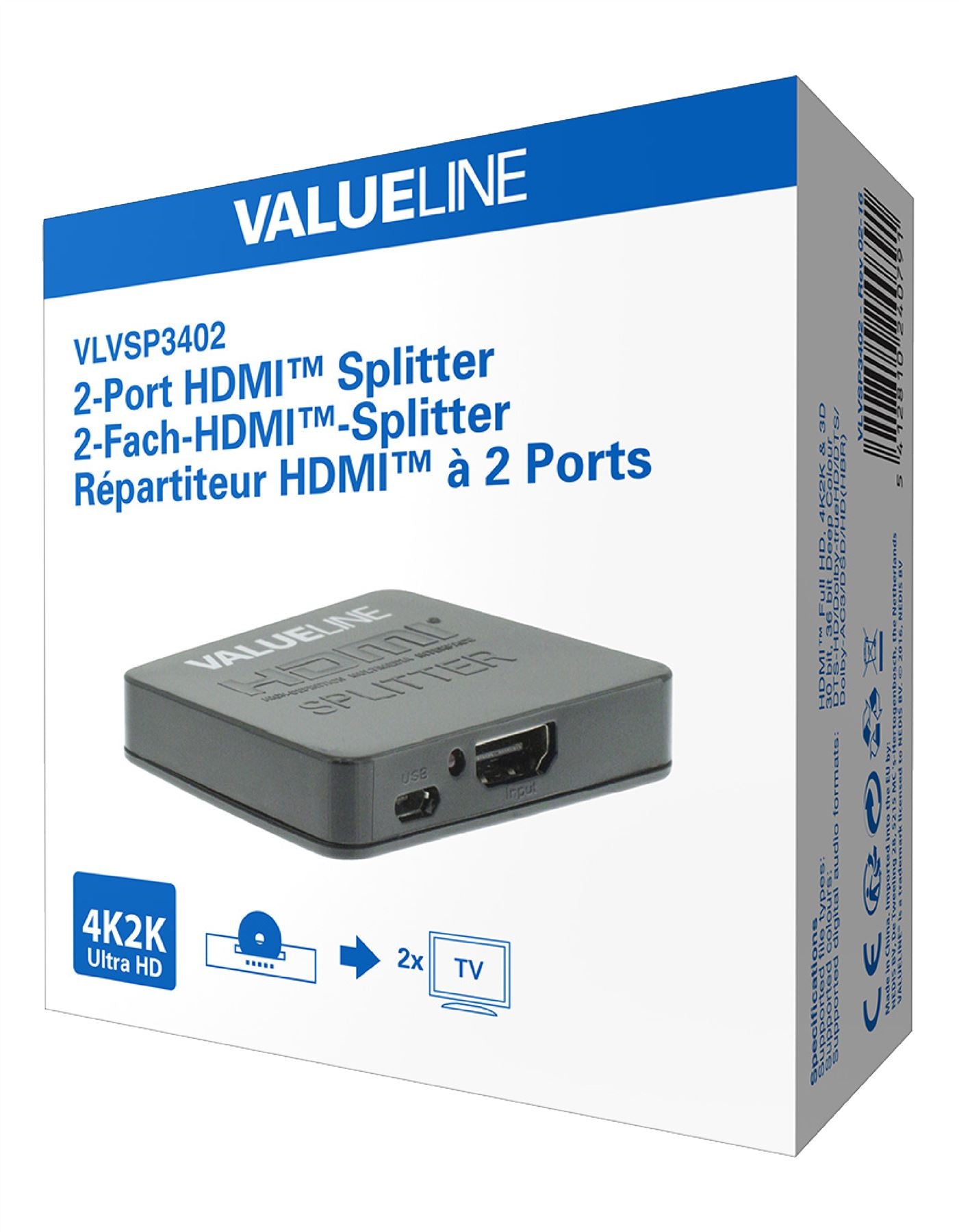 Valueline 2-port HDMI splitter HDMI input to 2x HDMI output black