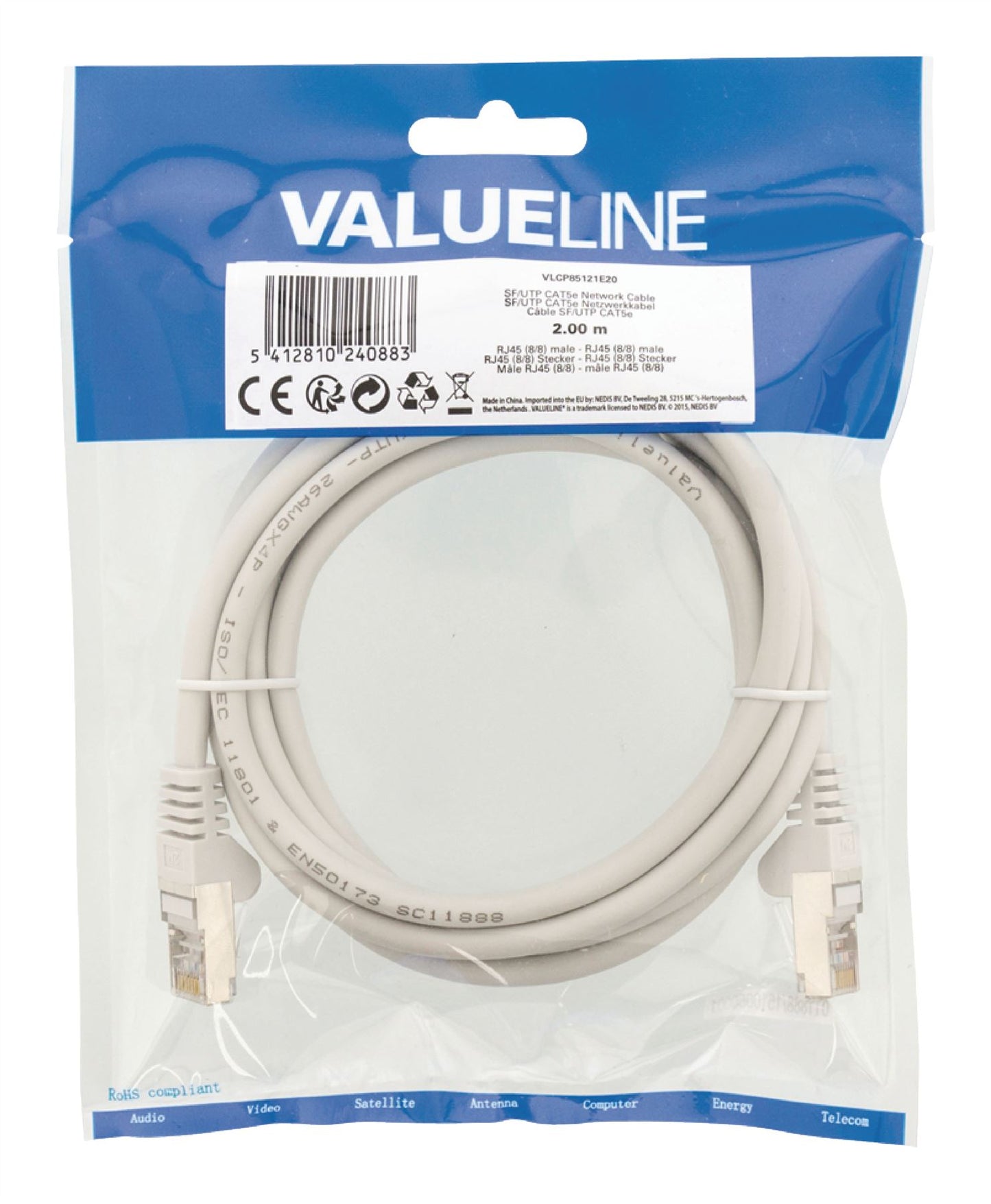 Valueline CAT5e SF/UTP Network Cable RJ45 (8P8C) Male to RJ45 Male 2m Grey