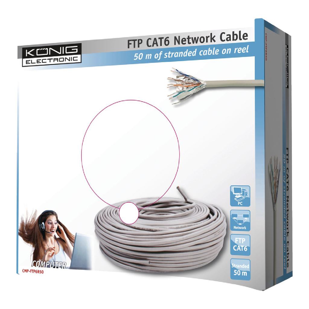 Konig FTP CAT6 network cable on 50m reel Shielded twisted pairs. - CCBGFTP6GY50