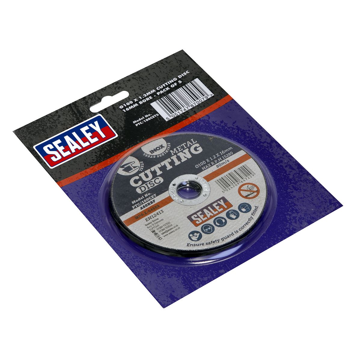 Sealey Cutting Disc 100 x 1.2mm 16mm Bore Pack of 5 PTC/100CET5