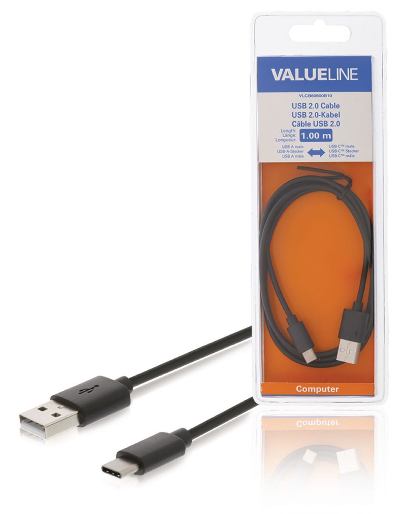 Valueline USB 2.0 Cable USB-C Male to A Male 1m Black