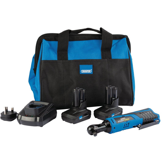 Draper 10.8V Power Reversible Ratchet Kit +2x 4Ah Batteries Charger + Bag