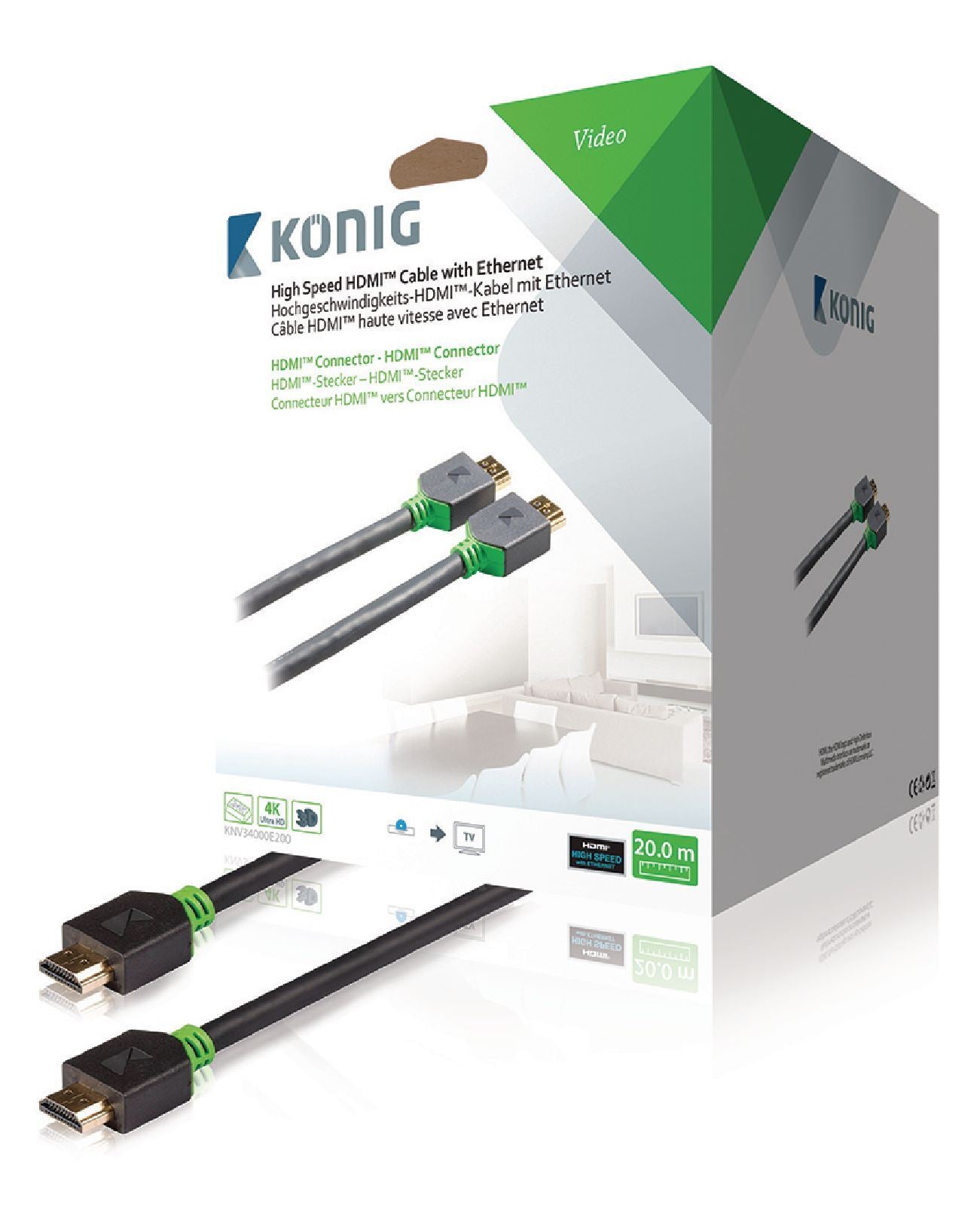 Konig 20m High Speed HDMI Cable Grey for LCD/LED/OLED/PLASMA TV