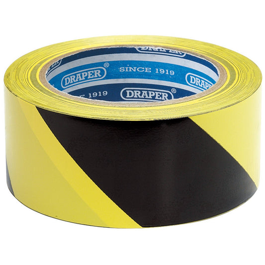 Draper 1x 33mx50mm Black & Yellow Adhesive Hazard Tape Roll Professional Tool - 63382