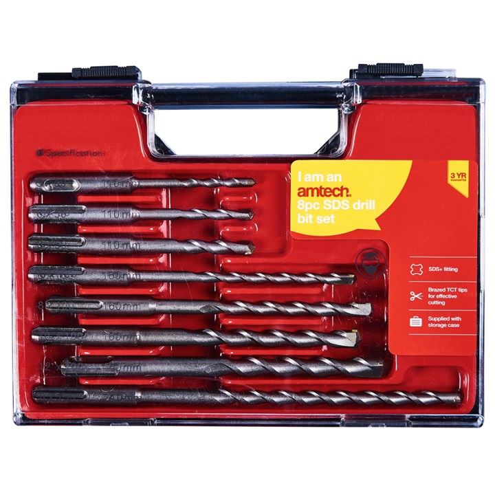 Amtech 8 Piece Sds Masonry Drill Bit Set Storage Case Professional Fits Sds Plus