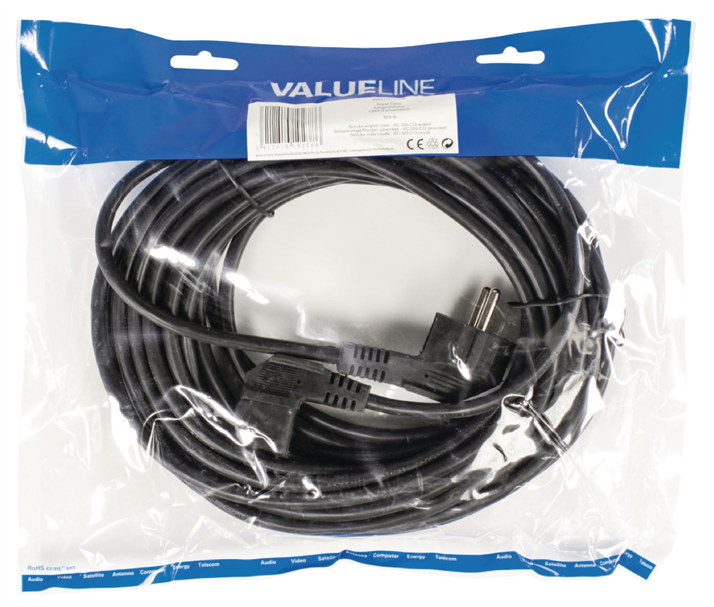 Valueline Power cable Schuko angled male to IEC-320-C13 angled 10m black