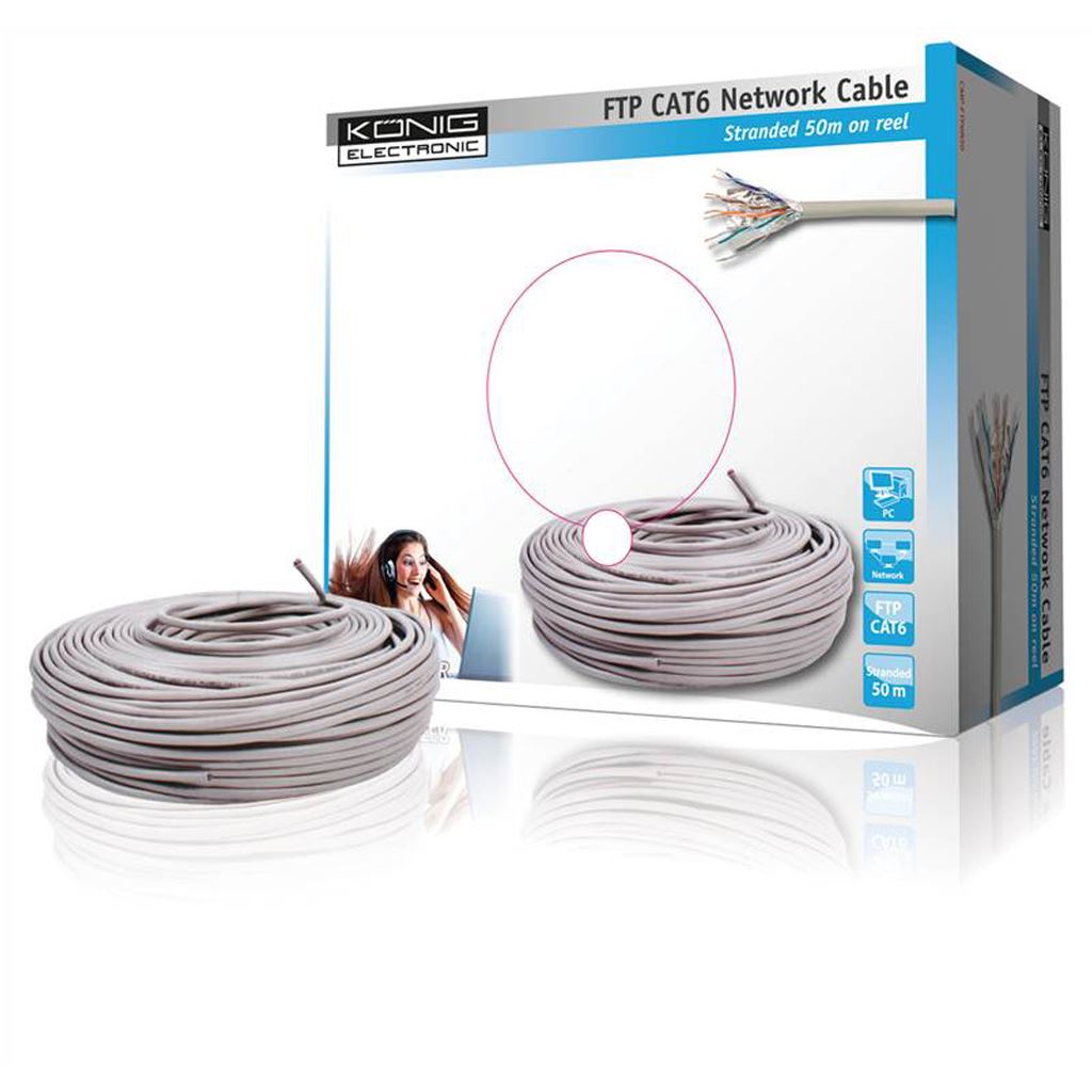 Konig FTP CAT6 network cable on 50m reel Shielded twisted pairs. - CCBGFTP6GY50
