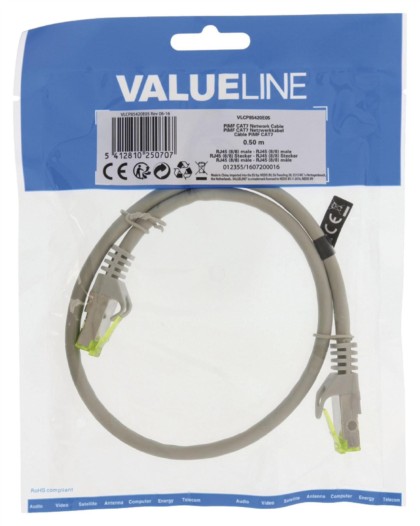 Valueline CAT7 PiMF Network Cable RJ45 (8P8C) Male to RJ45 Male 0.50m Grey