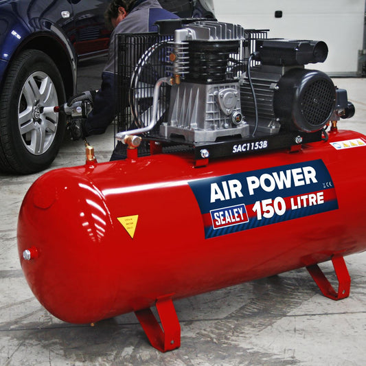 Sealey Air Compressor 150L Belt Drive 3hp with Cast Cylinders SAC1153B