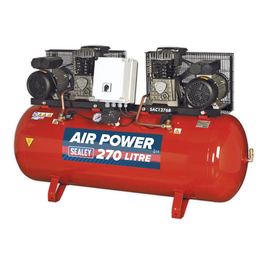 Sealey Air Compressor 270L Belt Drive 2 x 3hp with Cast Cylinders SAC1276B
