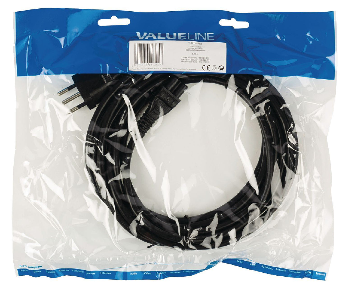 Valueline Power cable Swiss plug male to IEC-320-C5 5m black