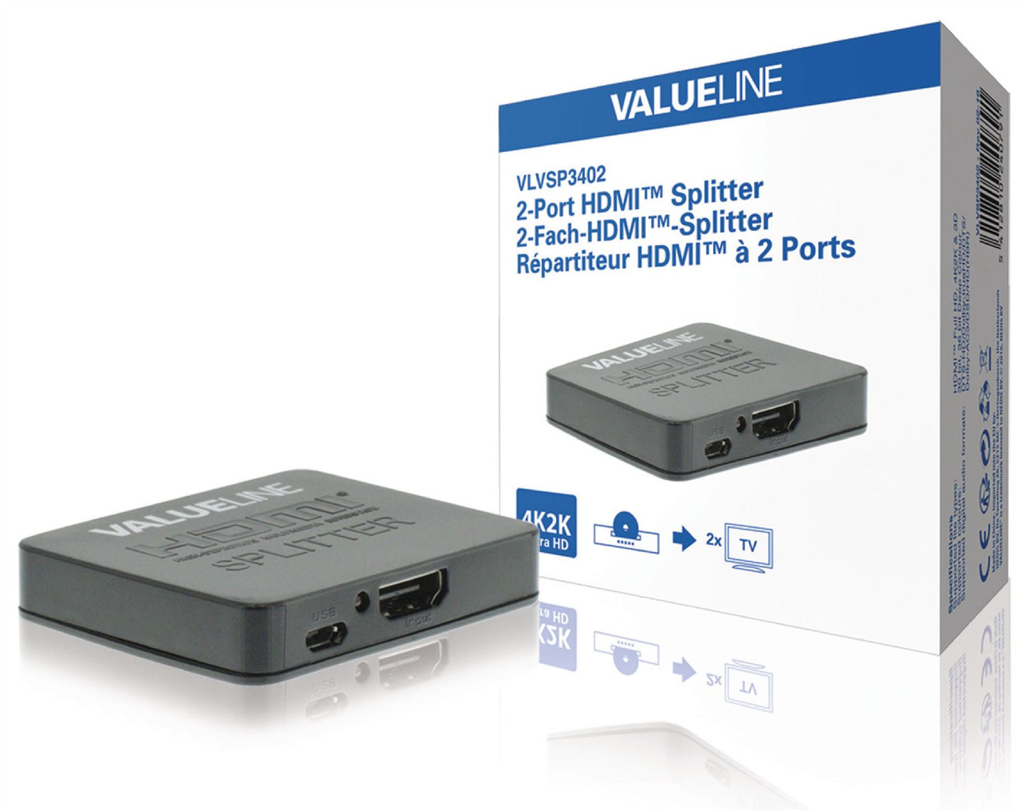 Valueline 2-port HDMI splitter HDMI input to 2x HDMI output black